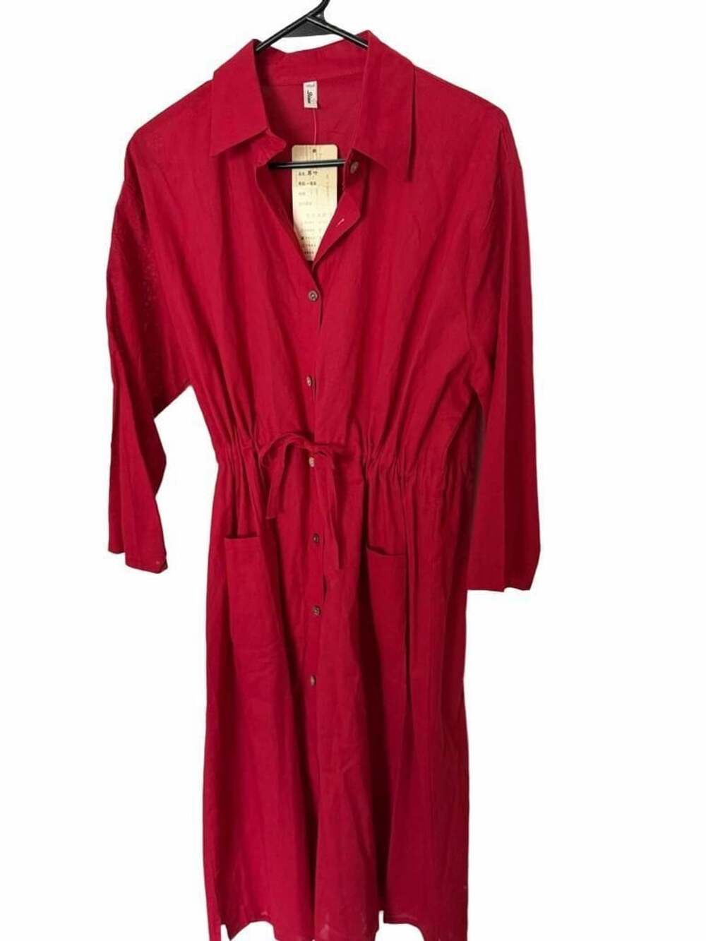 Qian Red Long Sleeve Button-Front Linen Dress with Drawstring Waist